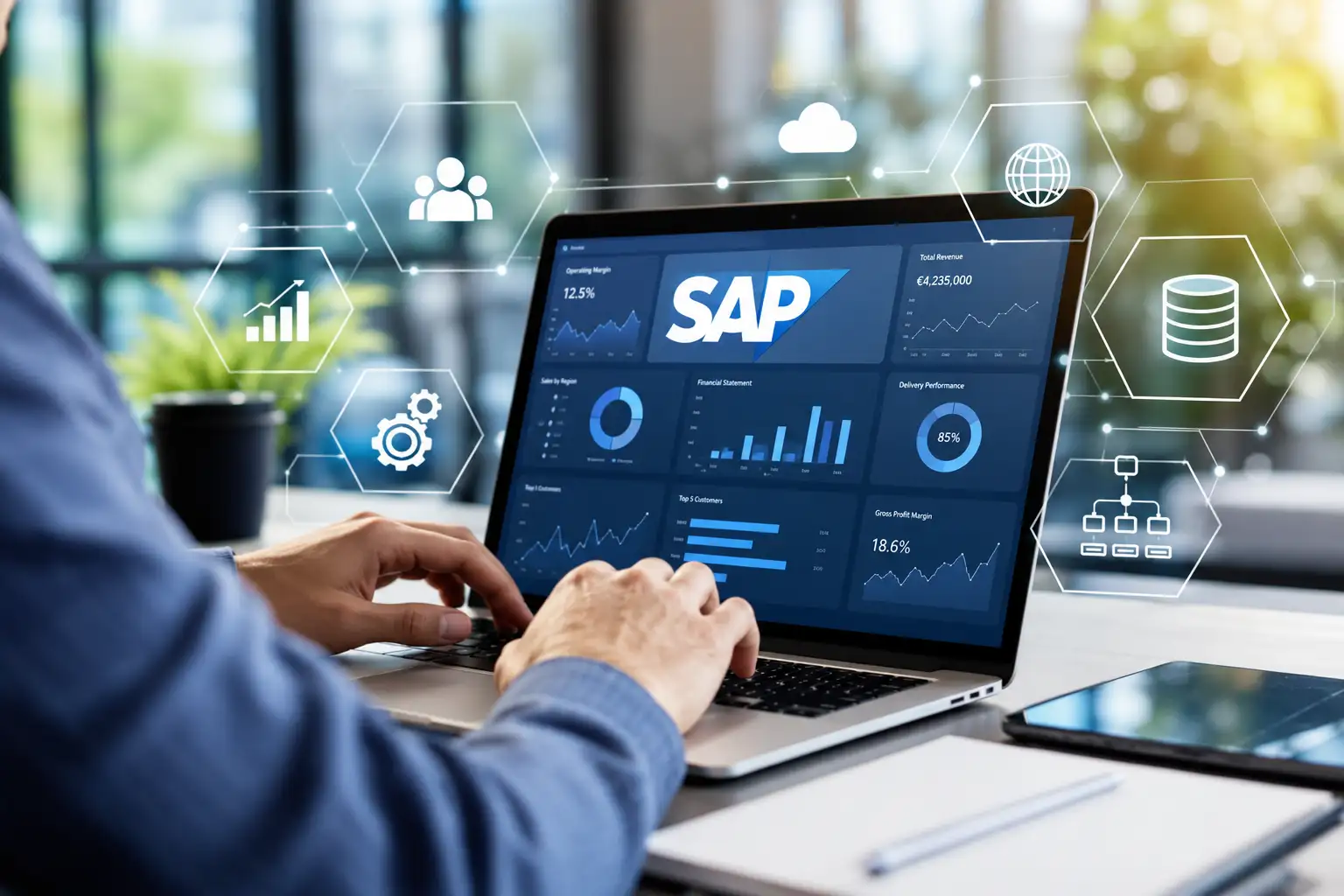 SAP vállalatirányítási rendszer üzleti dashboarddal laptopon