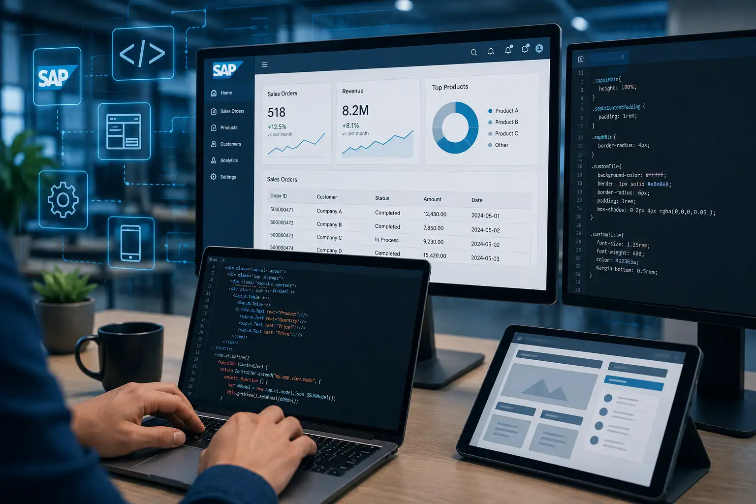 SAP frontend programozási környezet digitális dashboardokkal és kódszerkesztővel