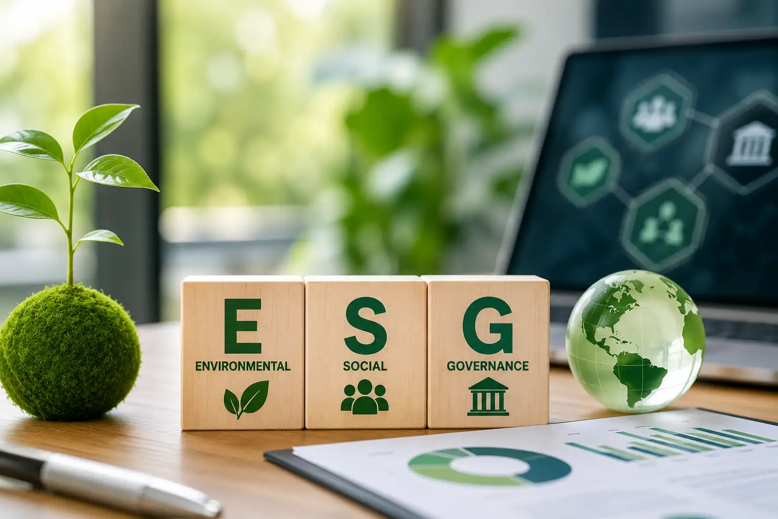 ESG tanácsadó képzéshez kapcsolódó fenntarthatósági és vállalatirányítási témájú illusztráció