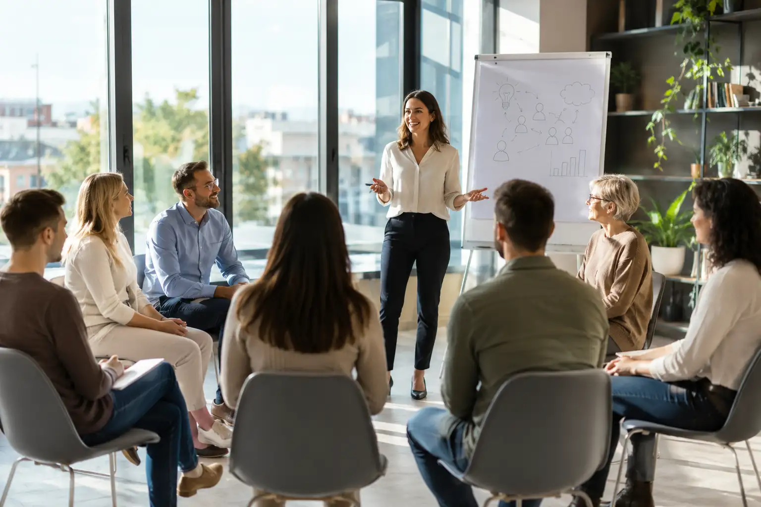 Csoportfejlesztő trénerképzés modern workshop környezetben résztvevőkkel és trénerrel