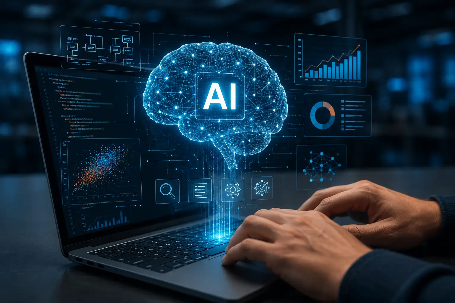 Mesterséges intelligencia alapjait bemutató digitális technológiai környezet adatelemző és AI vizualizációval.