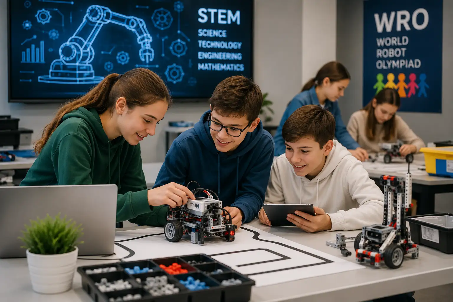 Diákok robotikai és STEM fejlesztő foglalkozáson modern technológiai környezetben