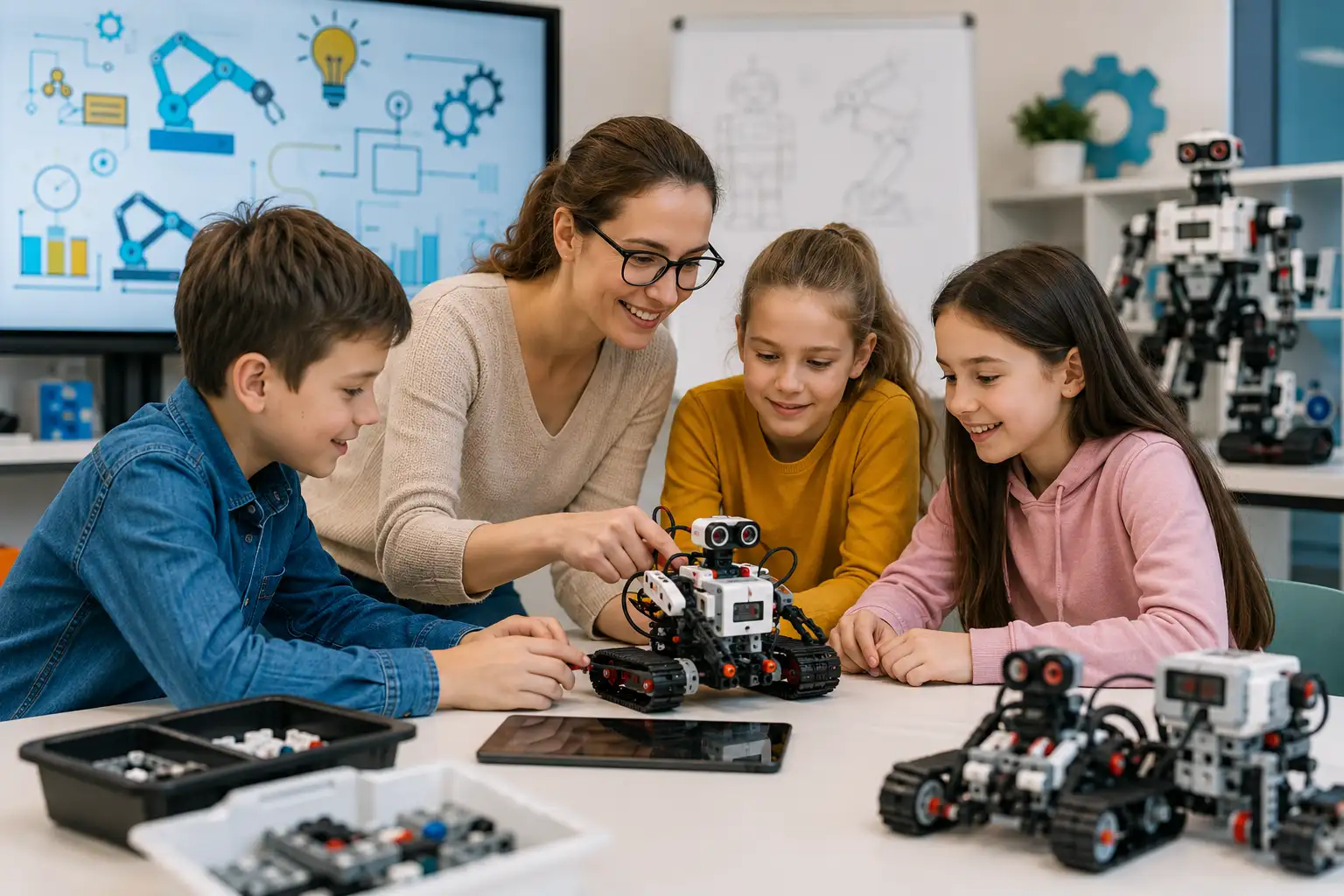 Pedagógus és diákok robotikai foglalkozáson modern STEM oktatási környezetben