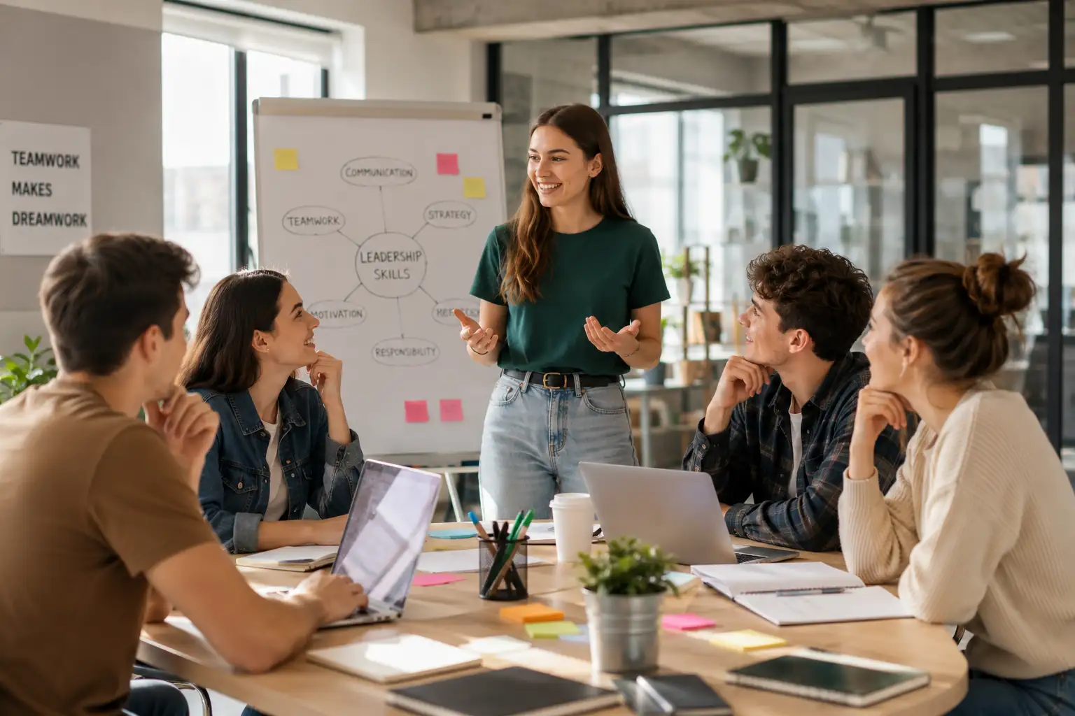 Fiatalok vezetői tréningen modern workshop környezetben, csapatmunkával és prezentációval