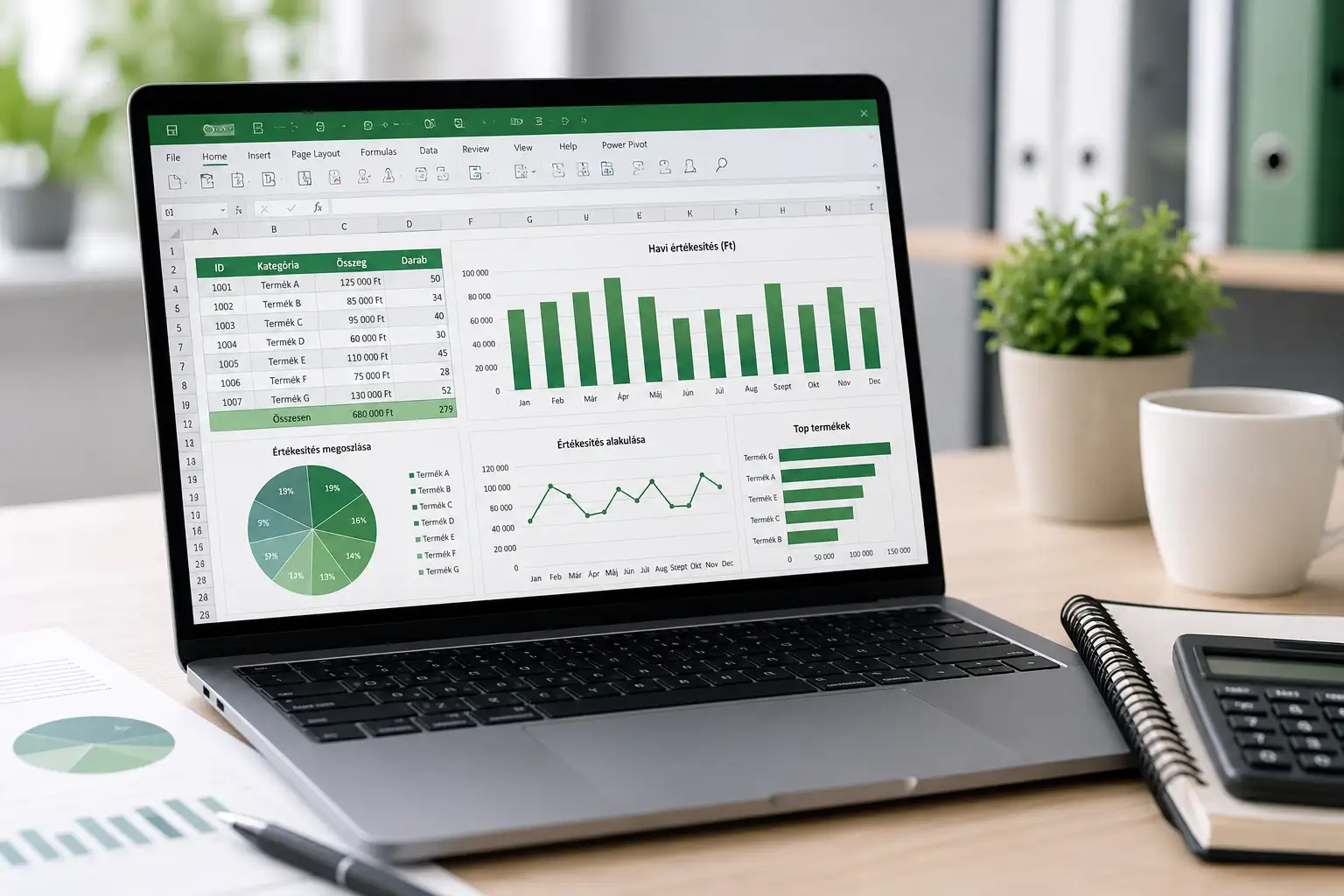 Modern irodai környezetben Excel alapú üzleti elemzés és adatvizualizáció laptop kijelzőn
