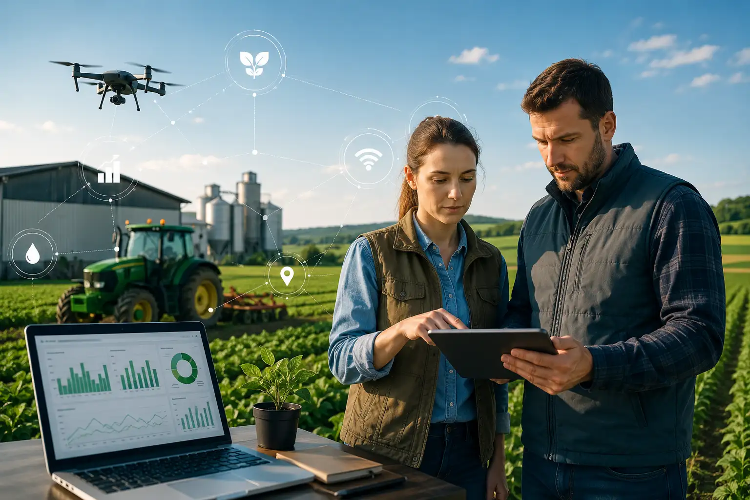 Digitális mezőgazdasági adatokat elemző szakemberek modern agrárkörnyezetben
