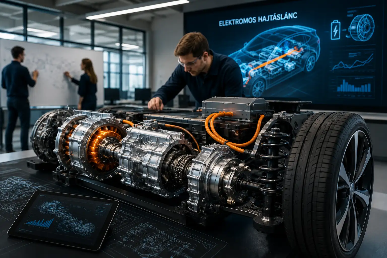 Elektromos hajtáslánc és e-motor alapok képzés modern mérnöki labor környezetben.
