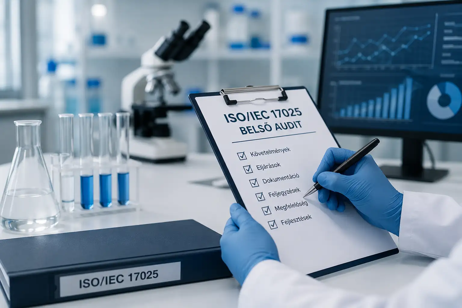 ISO/IEC 17025 belső auditor képzéshez kapcsolódó laboratóriumi audit és minőségirányítási illusztráció