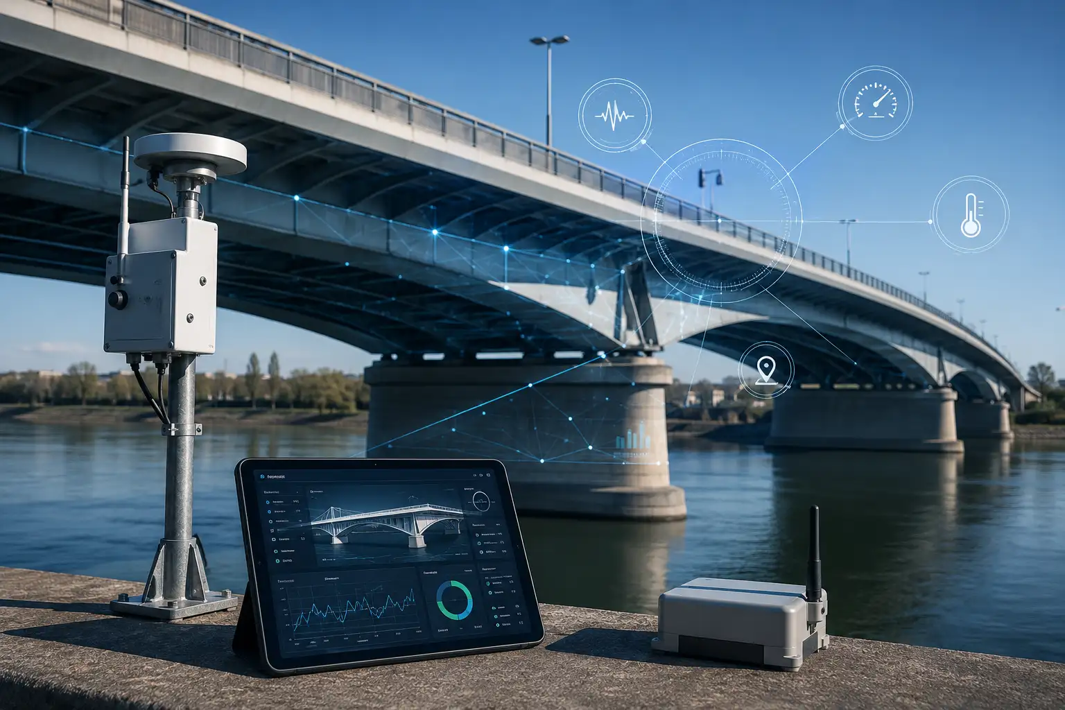 Modern infrastruktúra-monitoring rendszer hídfelügyeleti szenzorokkal és digitális adatvizualizációval.