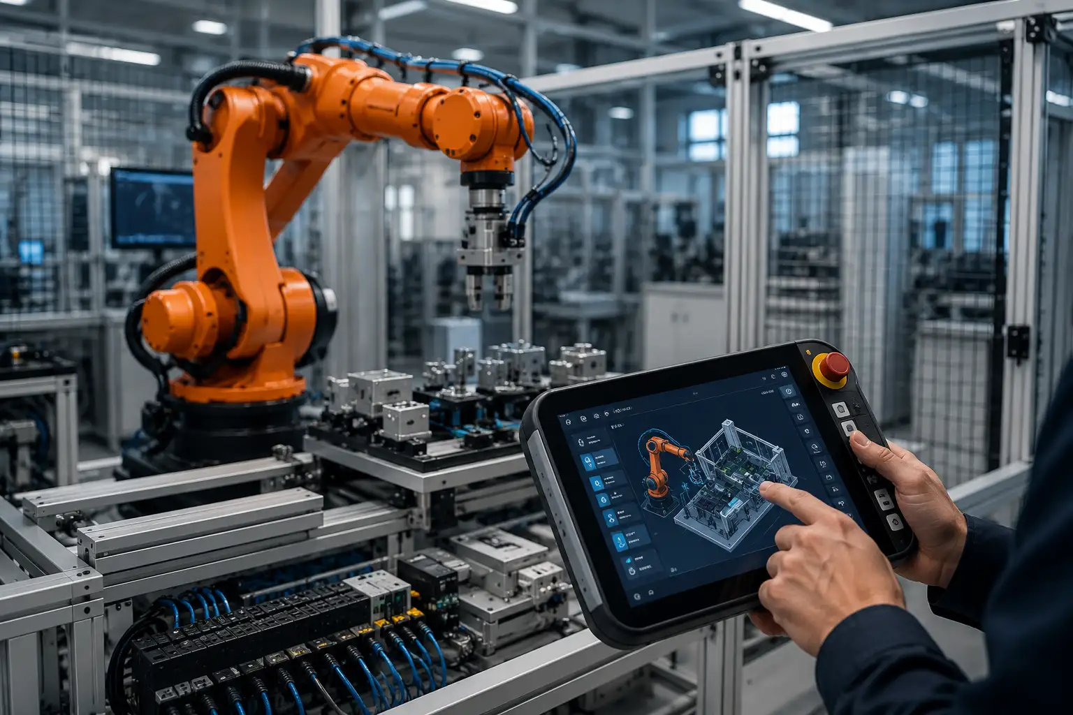 Modern ipari robotcella vezérlőrendszerrel és automatizált gyártási környezetben működő ipari robottal.