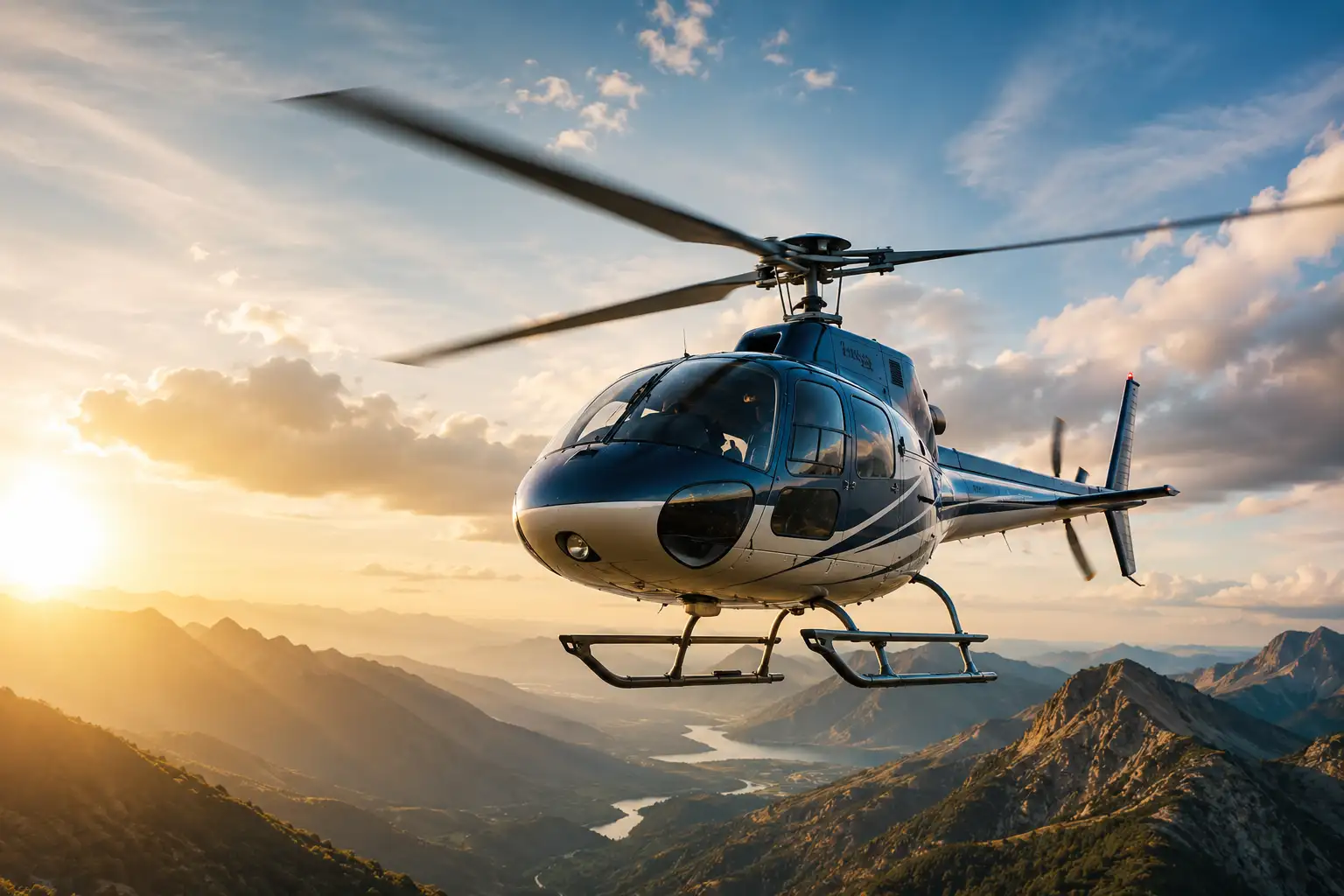 Modern helikopter hegyvidéki táj felett naplementében, professzionális légijármű-üzemeltetési környezetben.