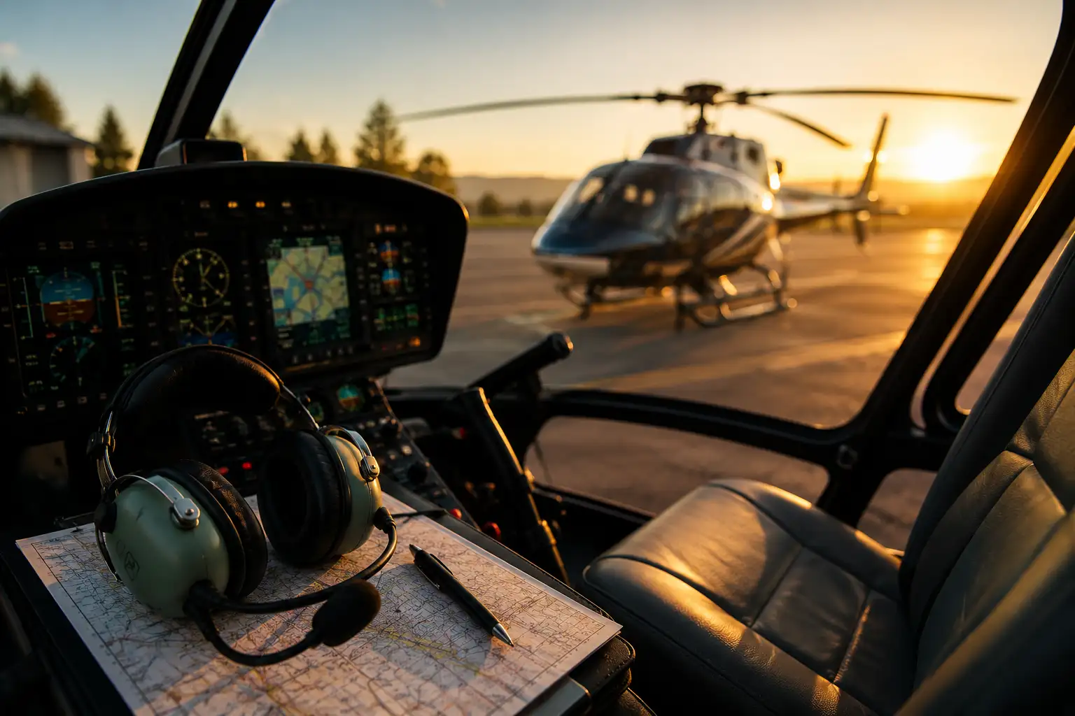 Helikopter pilótafülke naplementében, háttérben helikopter a kifutópályán