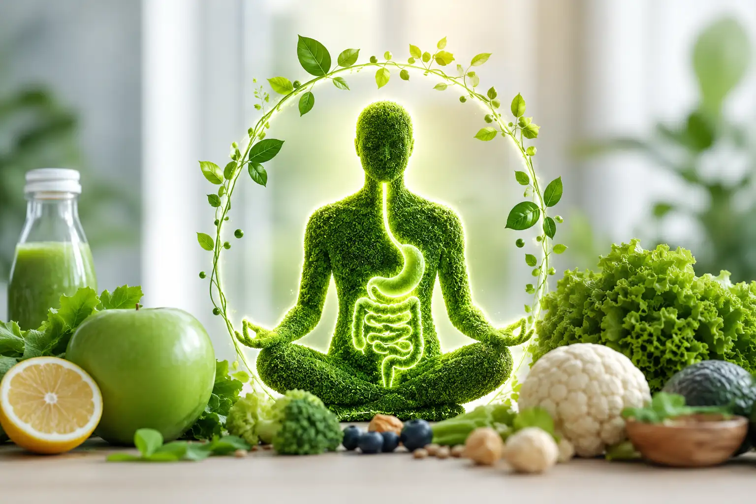 Egészségtudatos életmódot és szervezett méregtelenítést szimbolizáló modern wellness illusztráció