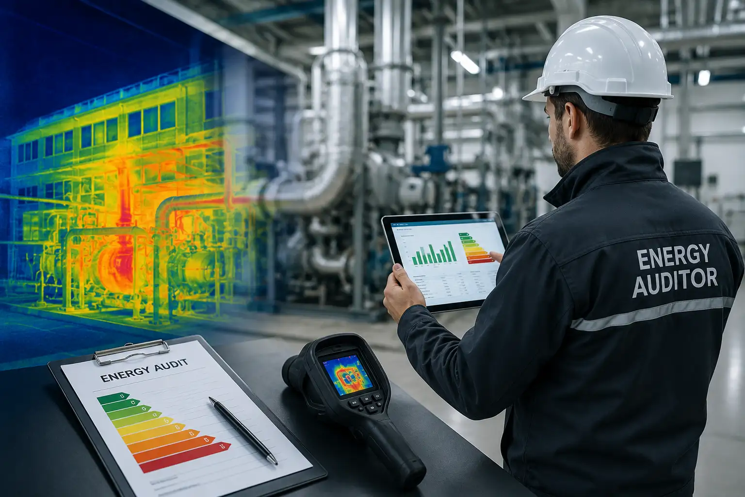 Energetikai auditor ipari környezetben energiahatékonysági vizsgálat közben
