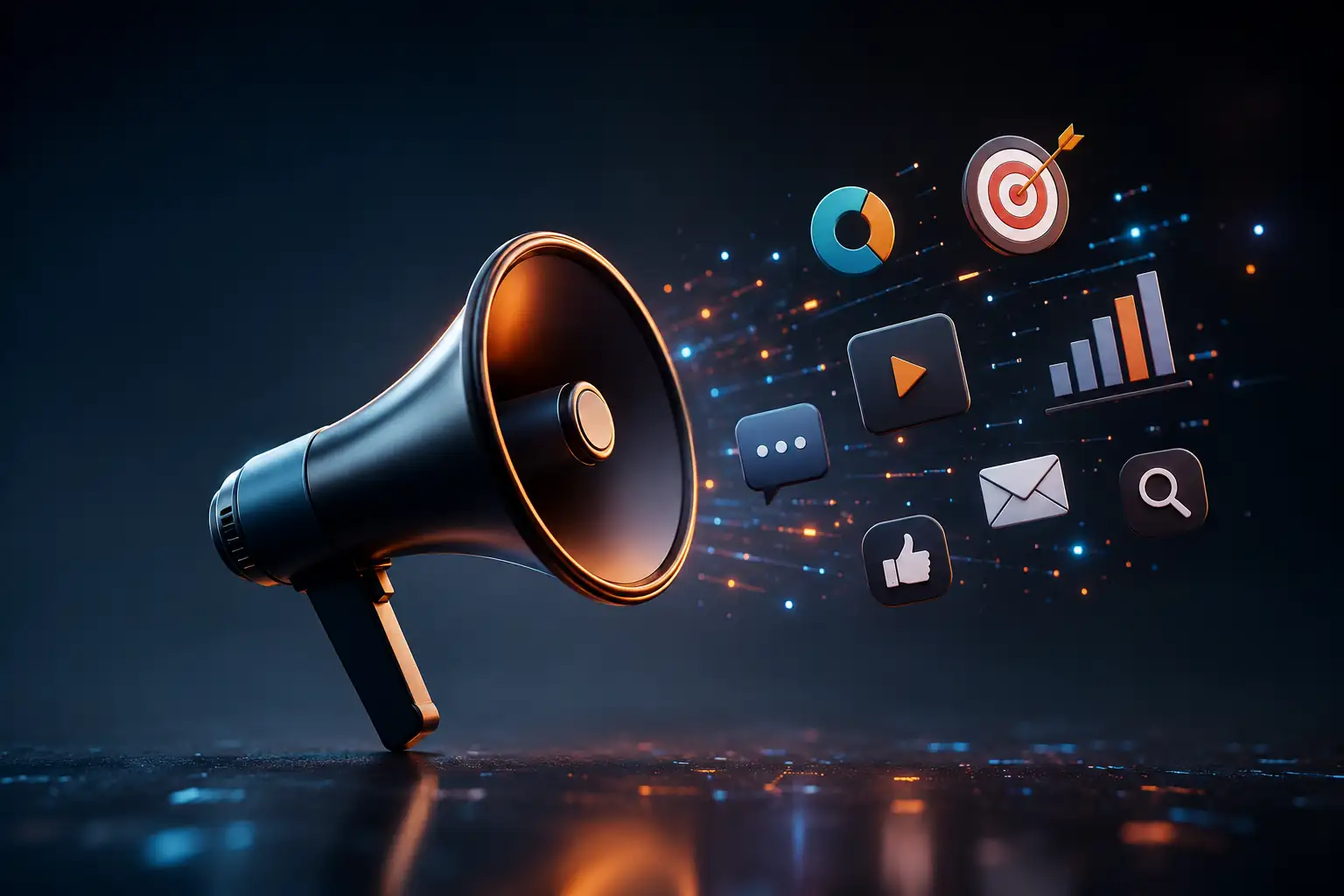 Modern online marketinget ábrázoló előkép megafonnal, digitális ikonokkal és adatvizualizációs elemekkel